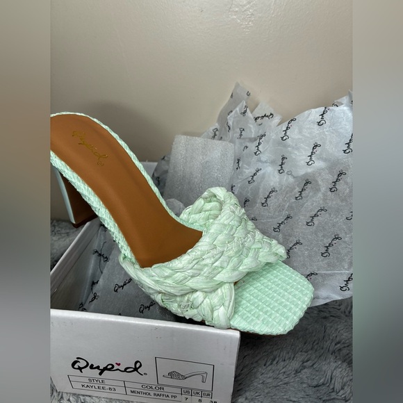 2/$35 Qupid NEW 7 Teal Mint Pastel Raffia Braided Heels Pumps Sandals Soft Girl - Picture 3 of 7